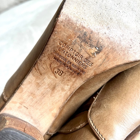 Comptoir Des Cotonniers Tan Brown Leather Western 3" Heel Ankle Boots Size 38 - Picture 8 of 11